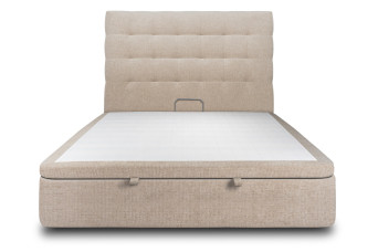 Lit coffre 180x200 cm avec Tête de lit capitonnée - Tissu Toile natté Beige Brun