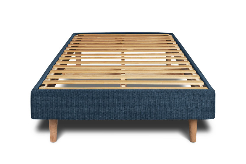 Lit 90x200 cm - Sommier à lattes H29 cm + tête de lit capitonnée - Tissu Toile natté Bleu Océan