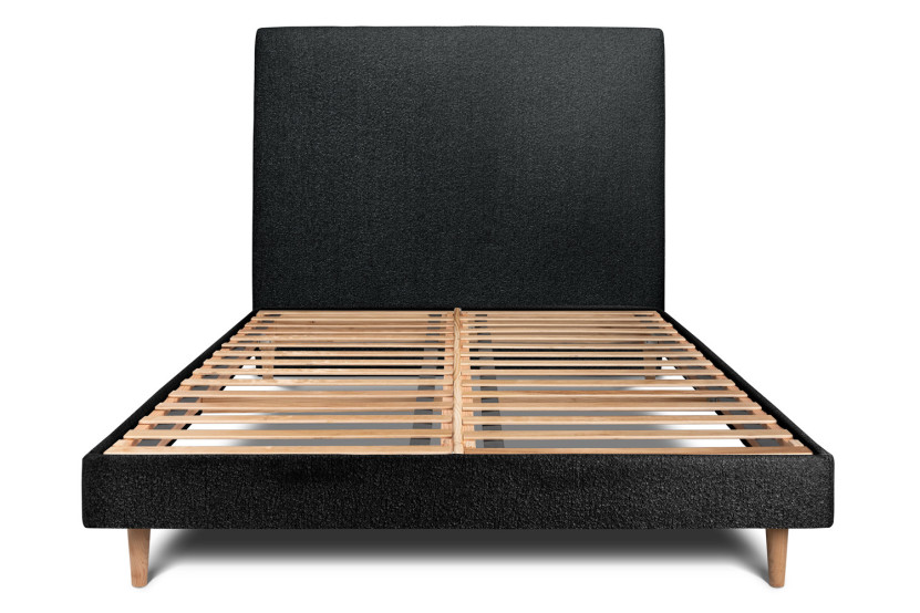 Lit 150x190 cm - Sommier à lattes H29 cm + tête de lit tapissée - Tissu Bouclette Noir