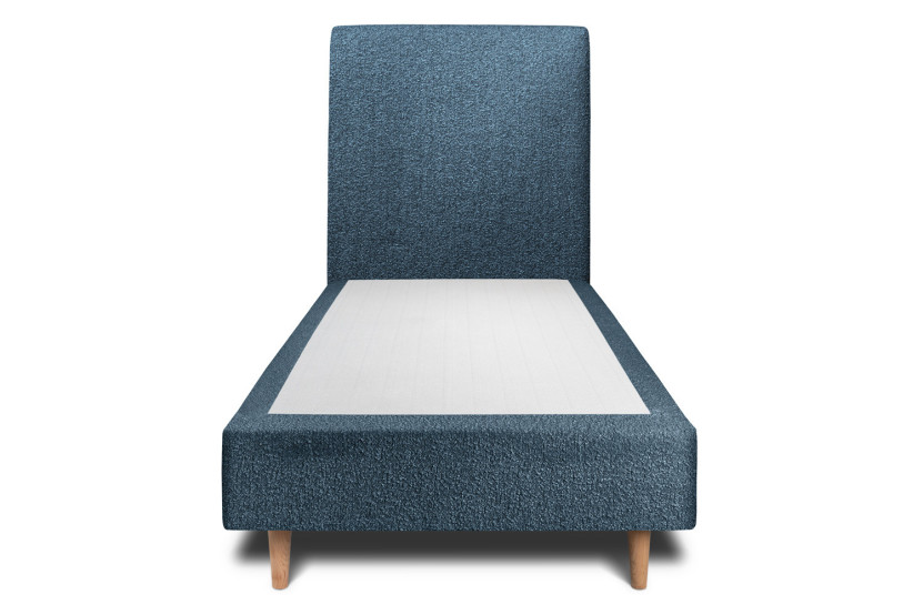 Lit 90x190 cm - Sommier tapissier H35 cm + tête de lit tapissée - Tissu Bouclette Bleu