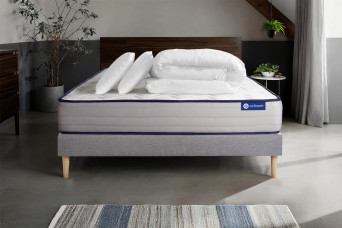 Pack lit complet 180x200 cm - Matelas + Sommier Gris (en kit) + 2 oreillers + Couette - Actimemo Form