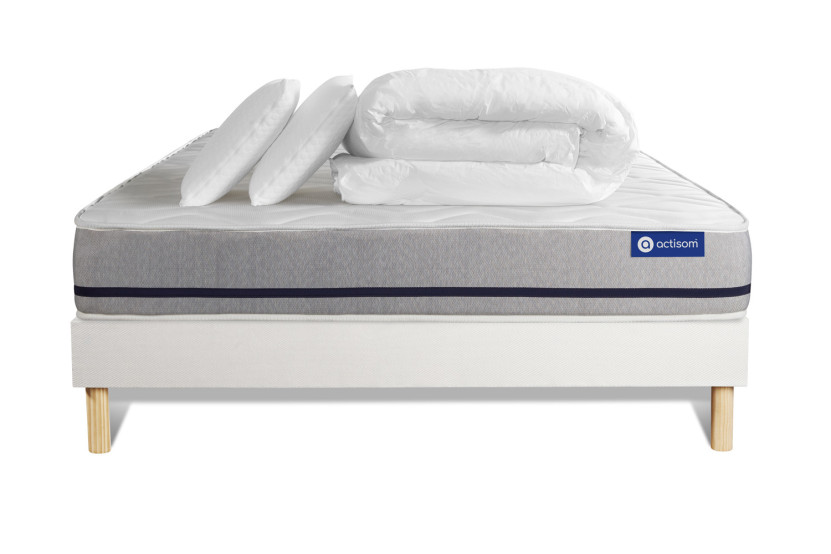 Pack lit complet 140x190 cm - Matelas + Sommier Blanc (en kit) + 2 oreillers + Couette - Actimemo Soft