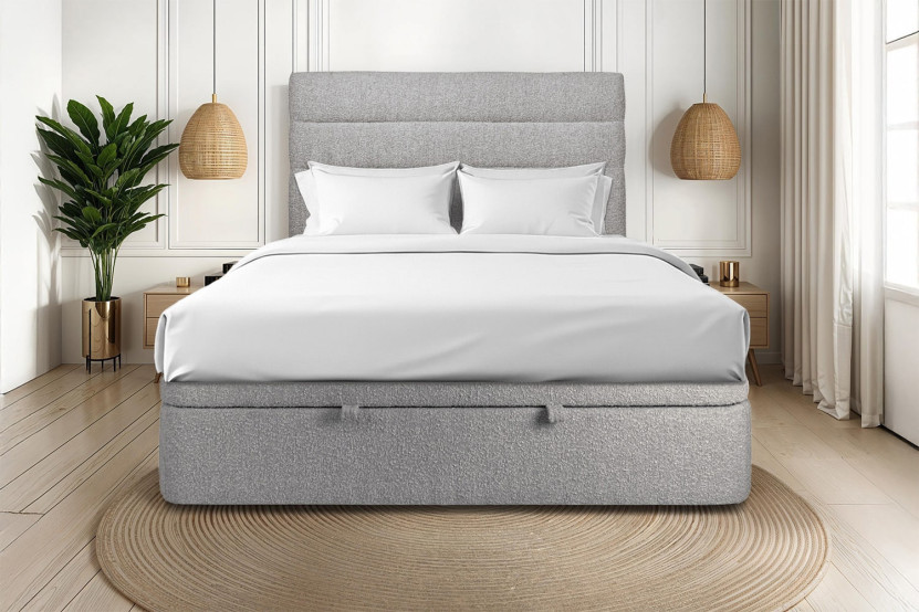 Lit coffre 180x200 cm avec Tête de lit à lignes - Tissu Bouclette Gris
