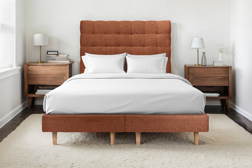 Lit 2x 90x200 cm - Sommier tapissier H29 cm + tête de lit capitonnée - Tissu Bouclette Terracotta