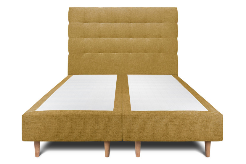 Lit 2x 90x200 cm - Sommier tapissier H35 cm + tête de lit capitonnée - Tissu Toile natté Jaune
