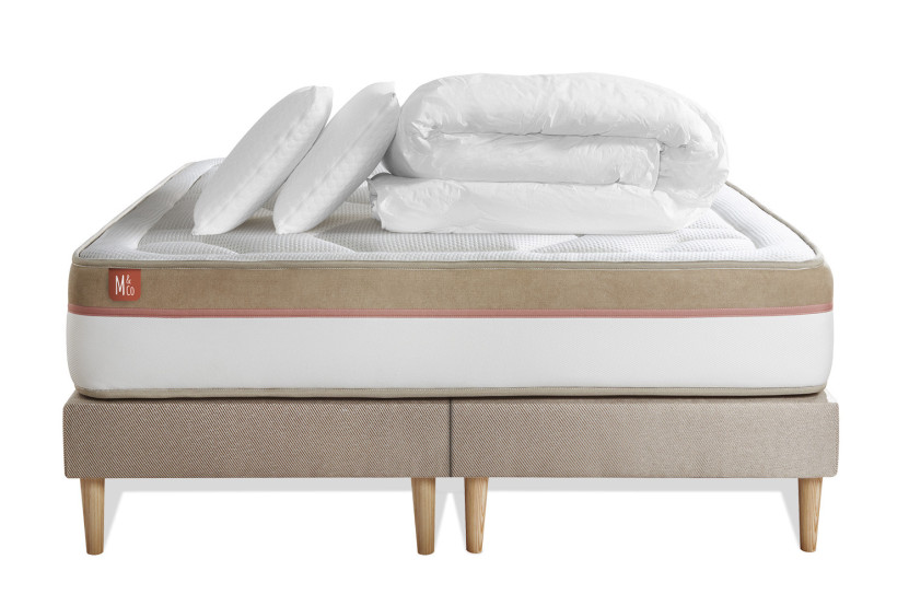 Pack lit complet 200x200 cm - Matelas + 2 Sommiers Beiges + 2 oreillers + Couette - Le Cosy