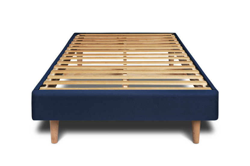 Lit 90x200 cm - Sommier à lattes H29 cm + tête de lit capitonnée - Tissu Velours Bleu Océan