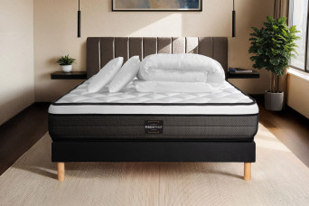 Pack lit complet 140x200 cm - Matelas + Sommier Noir (en kit) + 2 oreillers + Couette - Suite