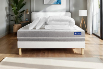 Pack lit complet 180x200 cm - Matelas + Sommier Blanc (en kit) + 2 oreillers + Couette - Actilatex Touch