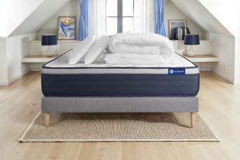 Pack lit complet 200x200 cm - Matelas + Sommier Gris (en kit) + 2 oreillers + Couette - Actilatex Max