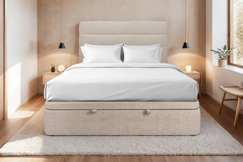 Lit coffre 180x200 cm avec Tête de lit à lignes - Tissu Toile natté Beige Brun