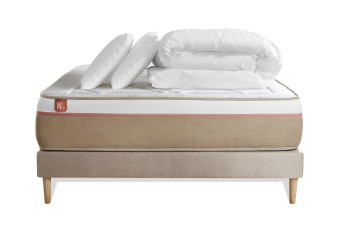 Pack lit complet 160x200 cm - Matelas + Sommier Beige + 2 oreillers + Couette - Le Soyeux