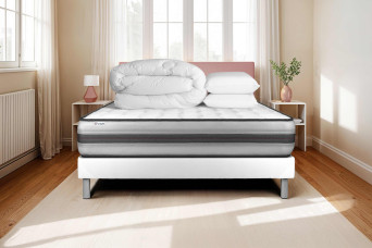 Pack lit complet 140x190 cm - Matelas + Sommier Blanc (en kit) + 2 oreillers + Couette - Vitalpower Recover