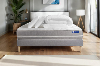 Pack lit complet 140x190 cm - Matelas + Sommier Gris (en kit) + 2 oreillers + Couette - Actilatex Touch
