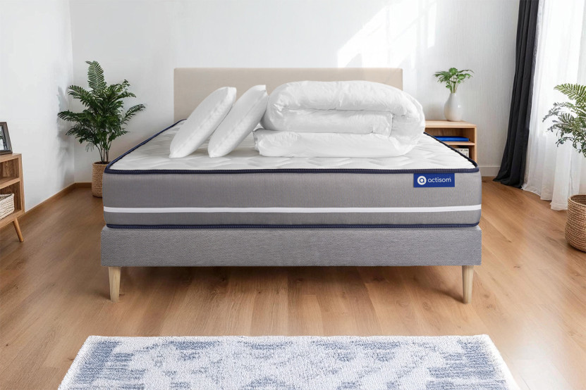 Pack lit complet 180x200 cm - Matelas + Sommier Gris (en kit) + 2 oreillers + Couette - Actiflex Pur