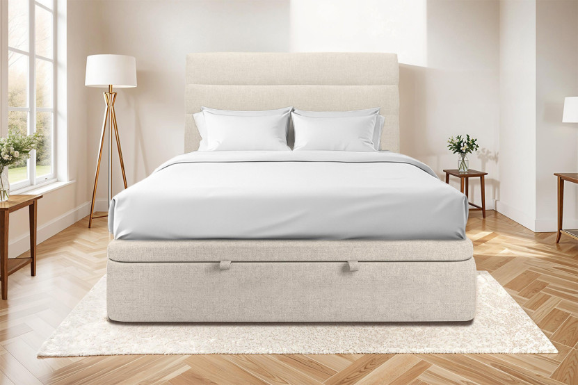 Lit coffre 180x200 cm avec Tête de lit à lignes - Tissu Toile natté Beige Clair