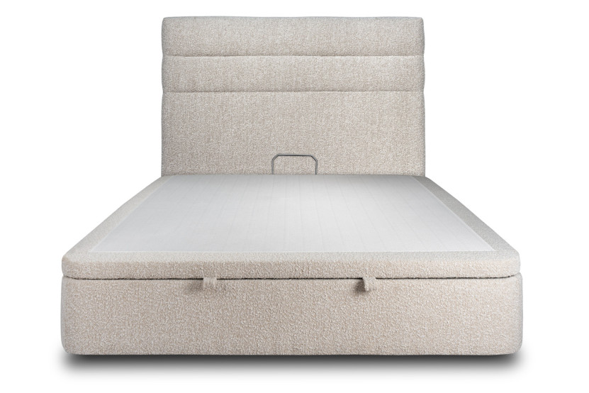 Lit coffre 180x200 cm avec Tête de lit à lignes - Tissu Bouclette Beige Clair