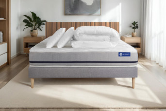 Pack lit complet 140x200 cm - Matelas + Sommier Gris (en kit) + 2 oreillers + Couette - Actimemo Soft