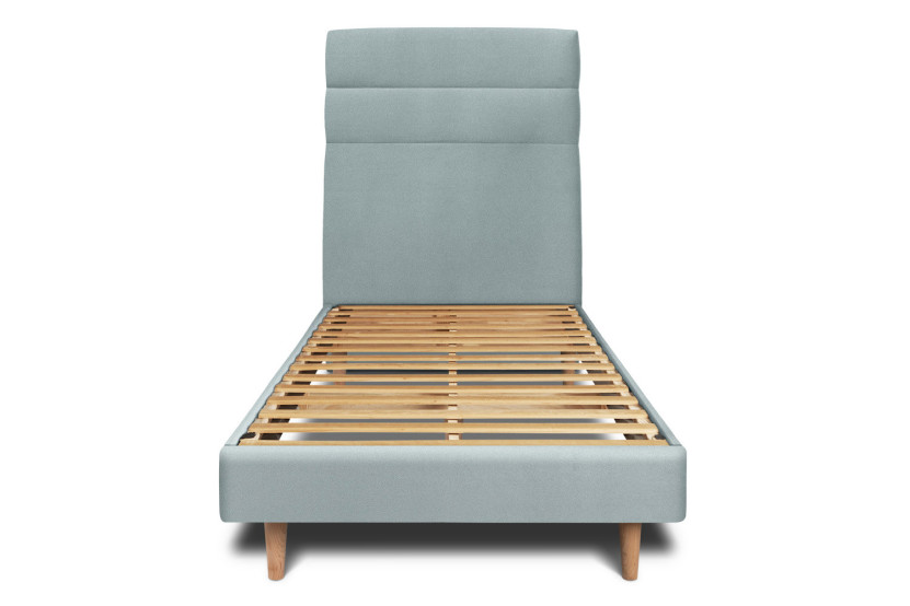 Lit 90x200 cm - Sommier à lattes H29 cm + tête de lit à lignes - Tissu Velours Gris Bleuté