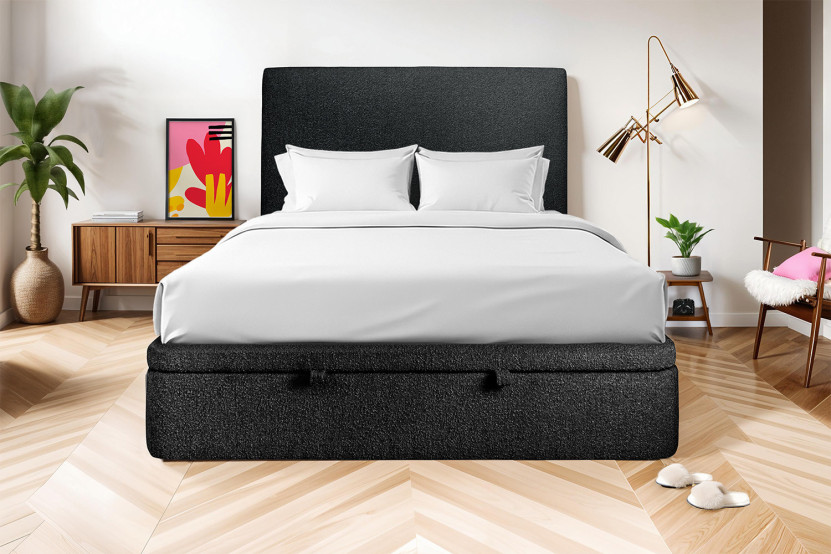 Lit coffre 180x200 cm avec Tête de lit tapissée - Tissu Bouclette Noir