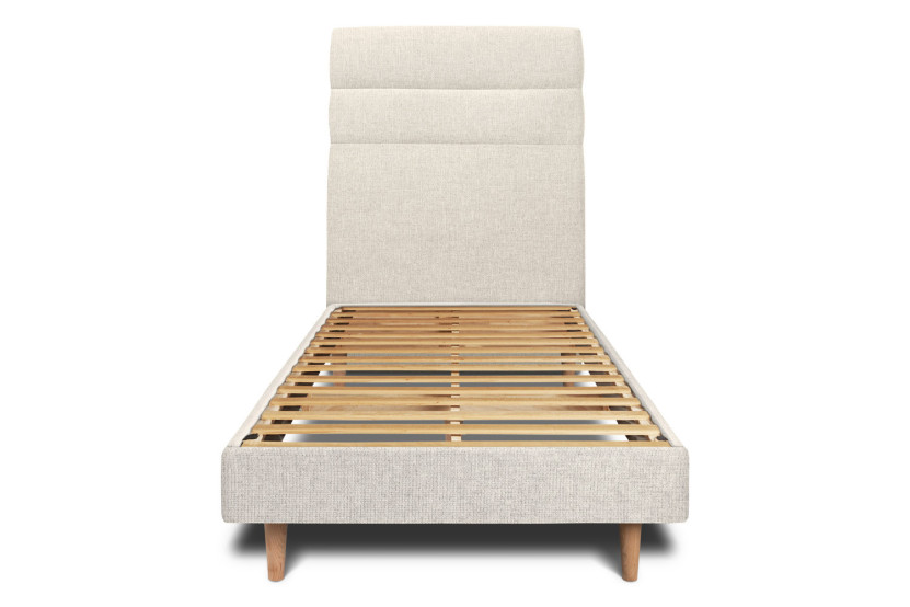 Lit 90x200 cm - Sommier à lattes H29 cm + tête de lit à lignes - Tissu Toile natté Beige Clair