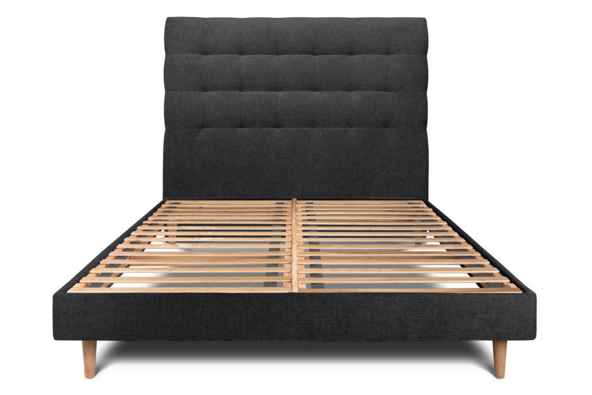 Lit 180x200 cm - Sommier à lattes H29 cm + tête de lit capitonnée - Tissu Toile natté Noir