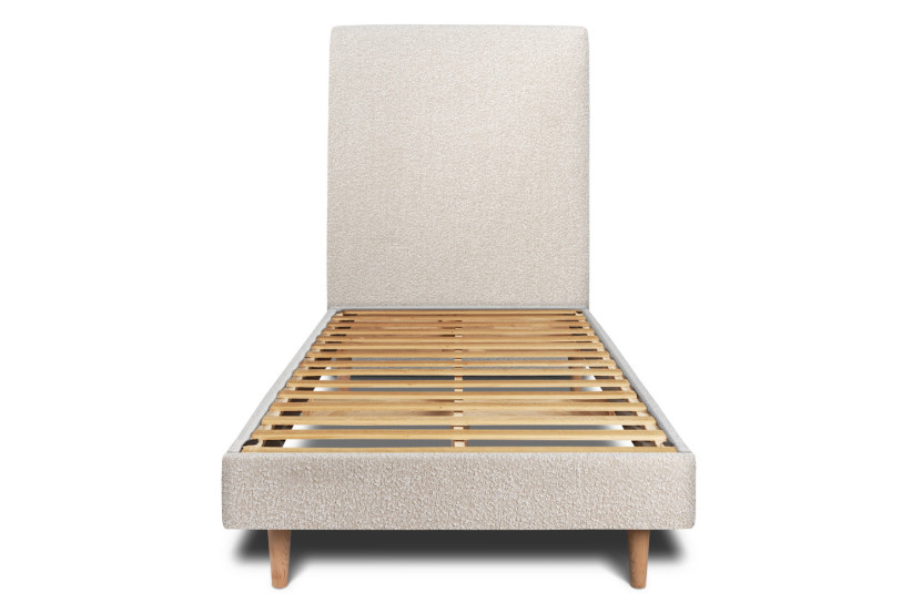 Lit 90x200 cm - Sommier à lattes H29 cm + tête de lit tapissée - Tissu Bouclette Beige Clair