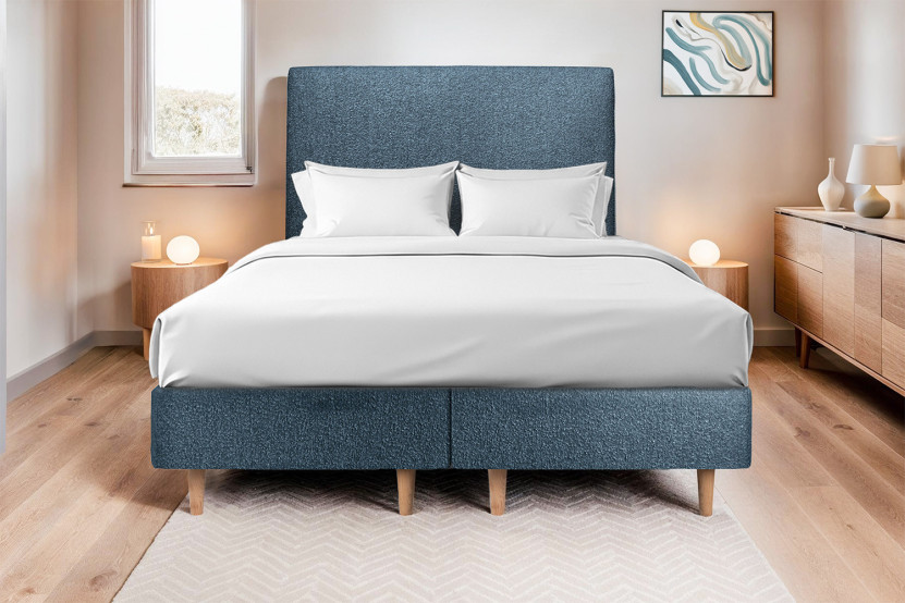 Lit 2x 90x200 cm - Sommier tapissier H35 cm + tête de lit tapissée - Tissu Bouclette Bleu