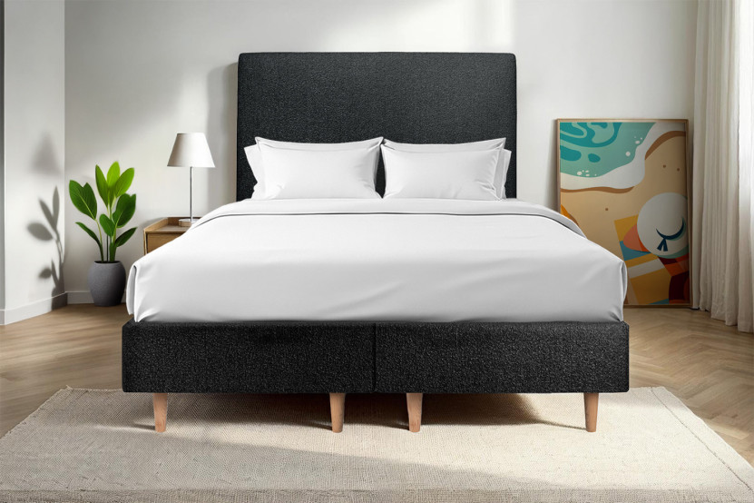 Lit 2x 90x200 cm - Sommier tapissier H35 cm + tête de lit tapissée - Tissu Bouclette Noir