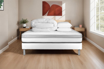 Pack lit complet 160x200 cm - Matelas + Sommier Blanc (en kit) + 2 oreillers + Couette - Vital Relax