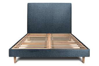 Lit 180x200 cm - Sommier à lattes H29 cm + tête de lit tapissée - Tissu Bouclette Bleu
