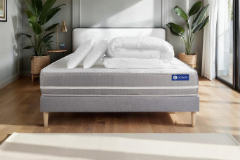 Pack lit complet 140x200 cm - Matelas + Sommier Gris (en kit) + 2 oreillers + Couette - Actiflex Touch
