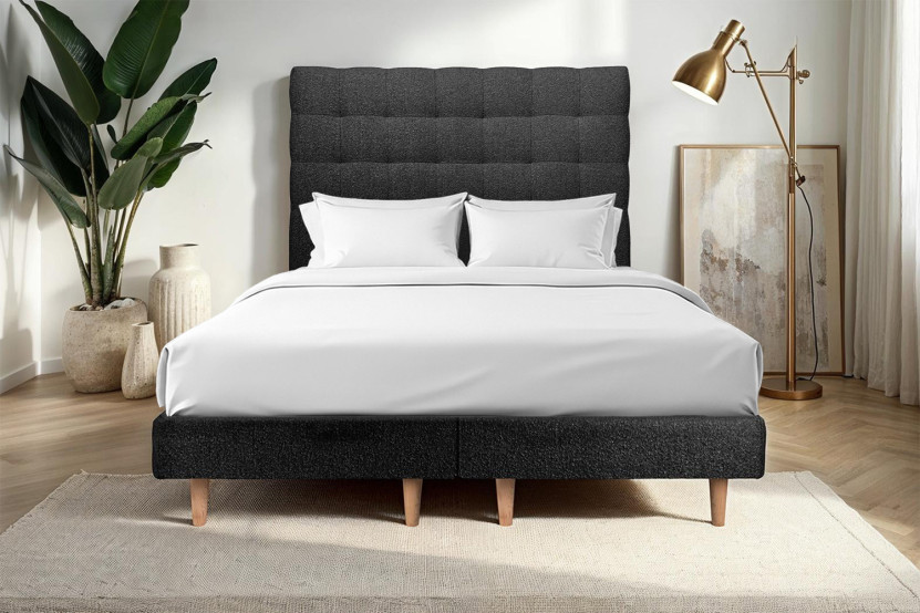 Lit 2x 90x200 cm - Sommier tapissier H29 cm + tête de lit capitonnée - Tissu Bouclette Noir