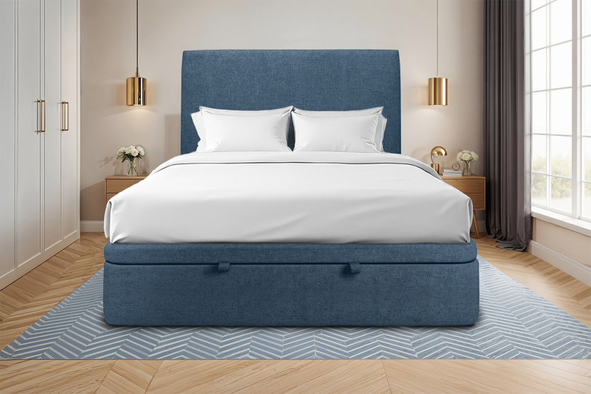 Lit coffre 180x200 cm avec Tête de lit tapissée - Tissu Toile natté Bleu Océan