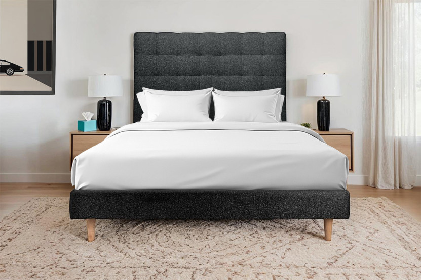 Lit 135x190 cm - Sommier tapissier H29 cm + tête de lit capitonnée - Tissu Bouclette Noir