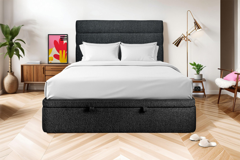 Lit coffre 180x200 cm avec Tête de lit à lignes - Tissu Bouclette Noir