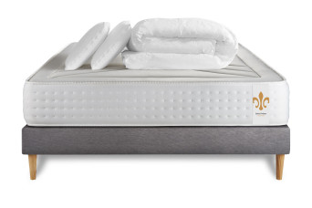 Pack lit complet 200x200 cm - Matelas + Sommier Gris (en kit) + 2 oreillers + Couette - Vingt-Quatre