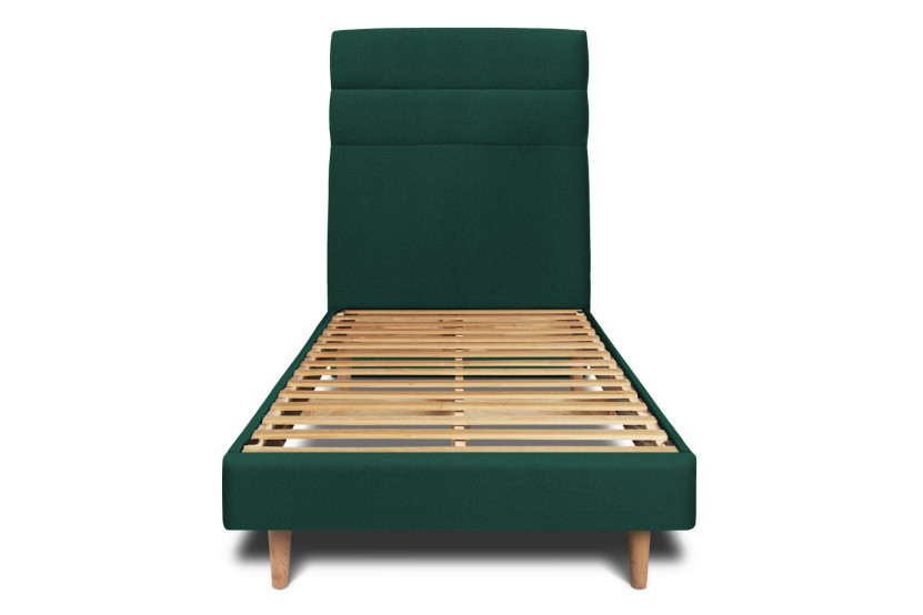 Lit 90x200 cm - Sommier à lattes H29 cm + tête de lit à lignes - Tissu Velours Vert