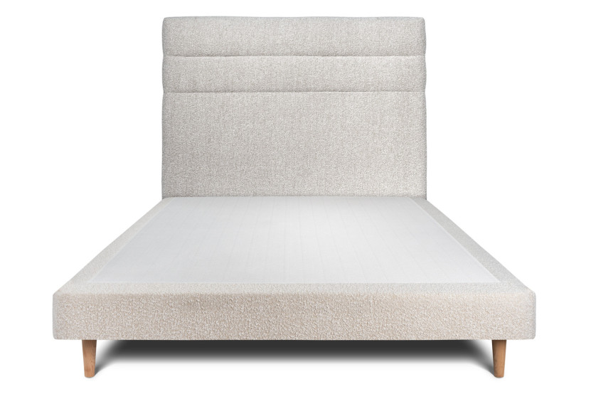 Lit 160x200 cm - Sommier tapissier H29 cm + tête de lit à lignes - Tissu Bouclette Beige Clair