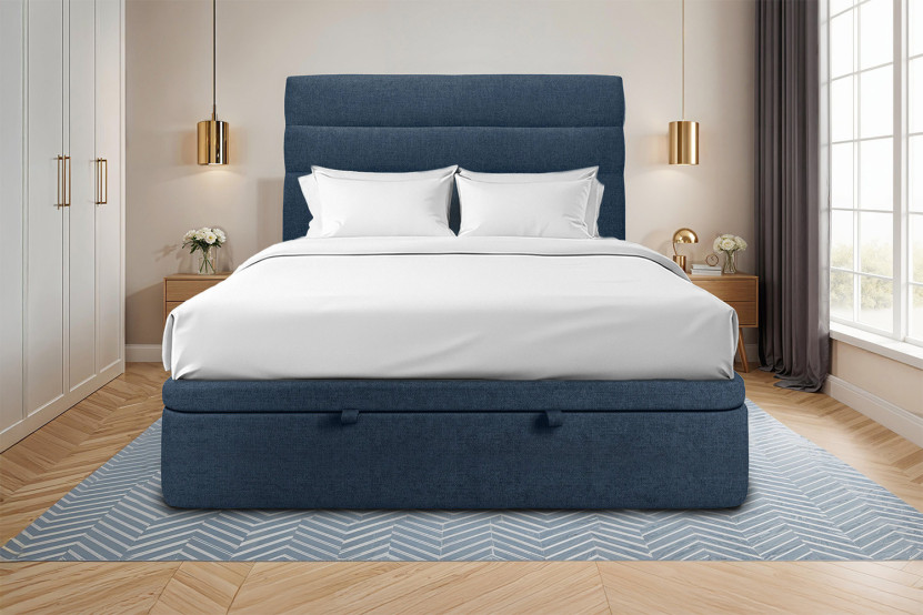 Lit coffre 180x200 cm avec Tête de lit à lignes - Tissu Toile natté Bleu Océan