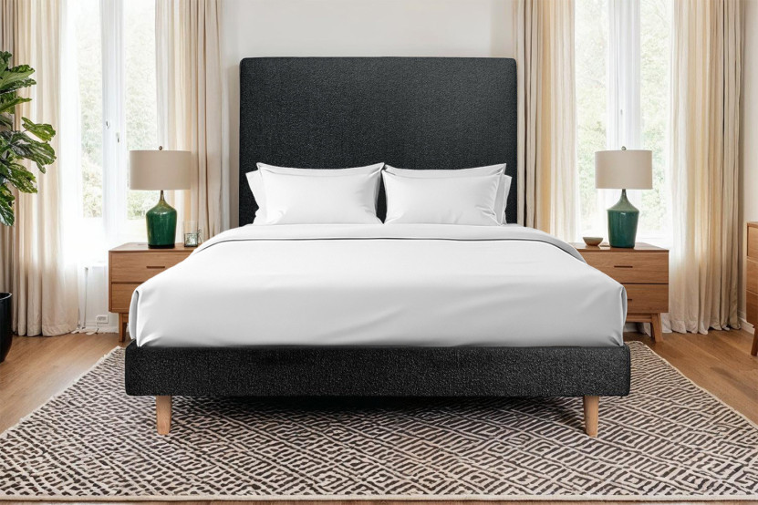 Lit 150x190 cm - Sommier à lattes H29 cm + tête de lit tapissée - Tissu Bouclette Noir