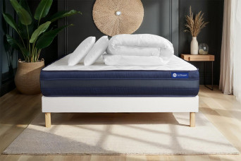 Pack lit complet 180x200 cm - Matelas + Sommier Blanc (en kit) + 2 oreillers + Couette - Actiflex Tech