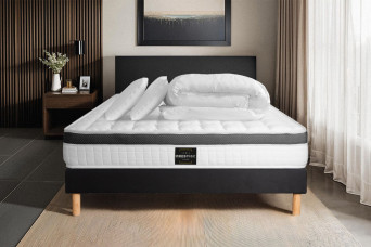 Pack lit complet 180x200 cm - Matelas + Sommier Noir (en kit) + 2 oreillers + Couette - Supérieur