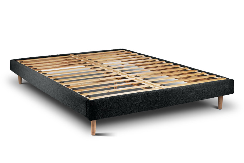 Lit 180x200 cm - Sommier à lattes H29 cm + tête de lit tapissée - Tissu Bouclette Noir