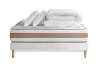 Pack lit complet 160x200 cm - Matelas + Sommier Blanc (en kit) + 2 oreillers + Couette - Le Tendre