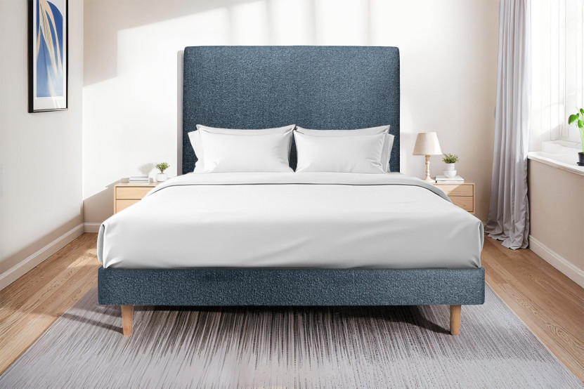Lit 140x200 cm - Sommier à lattes H29 cm + tête de lit tapissée - Tissu Bouclette Bleu