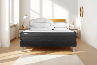 Pack lit complet 200x200 cm - Matelas + Sommier Noir (en kit) + 2 oreillers + Couette - Vitalpower