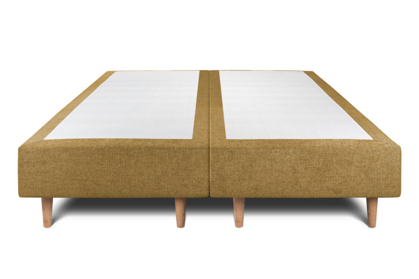 Lit 2x 90x200 cm - Sommier tapissier H35 cm + tête de lit capitonnée - Tissu Toile natté Jaune