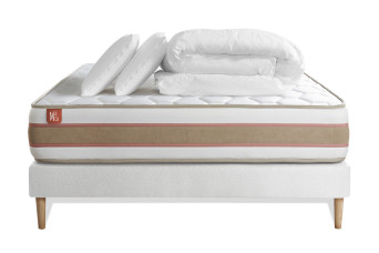 Pack lit complet 140x190 cm - Matelas + Sommier Blanc + 2 oreillers + Couette - Le Délicat