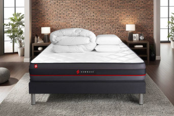 Pack lit complet 180x200 cm - Matelas + Sommier Noir (en kit) + 2 oreillers + Couette - Regen